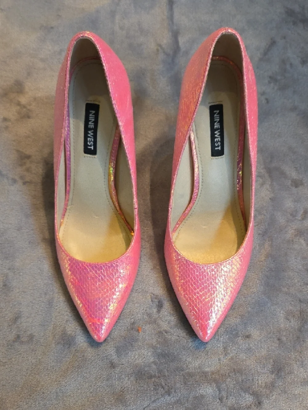 Nine West Pink Iridescent Snakeskin Pointed-Toe Heels - Picture 2 of 8